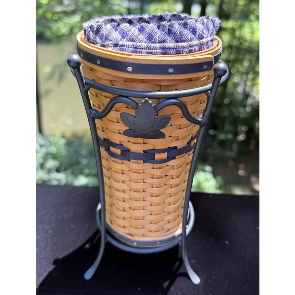 Longaberger CC J.W. Mini Umbrella Basket w Prot Liner Wrought Iron Stand Mint!